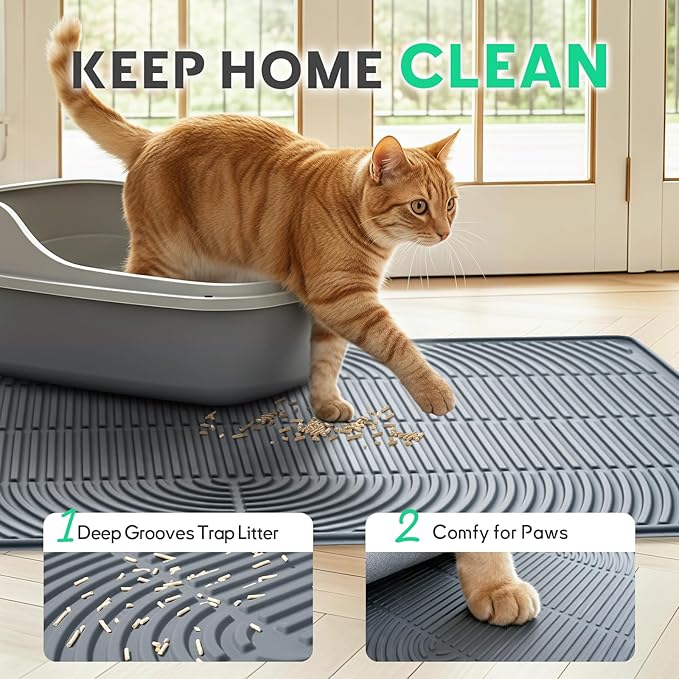 Cat Litter Mat,34" x 22" Large Silicone Pad for Floor Waterproof Litter Trapping Mat for Scatter Control Soft on Kitty Paws Non-Slip Easy to Clean