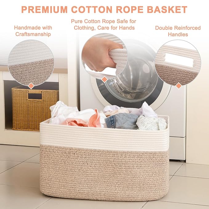 SIXDOVE 75L Large Blanket Basket, Toy Basket Bin for Kids, Cotton Rope Woven Storage Basket for Living Room, Nursery, Baby Room Decorative Organizer, 22''×17''×12'', Brown and White