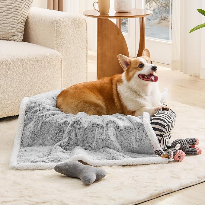 Waterproof Dog Blanket, Reversible Faux Fur & Sherpa Puppy Throw for Couch, Bed & Crate Protection, Soft Cozy Dog Blanket for Small Medium Dogs, 30"x40", Light Grey