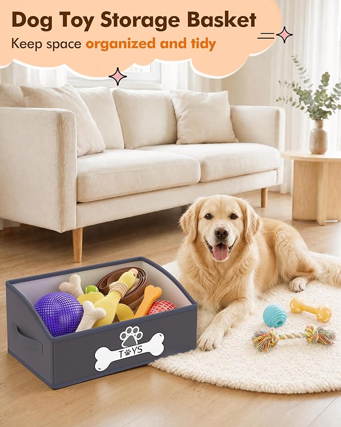 Optish 2 Pack Dog Toy Basket, Foldable Dog Toy Box with Handles, 19.7" X 11" X 7.9" Large Basket Specially Designed for Dog Toy Storage, Suit for Storing Pet Toys and Accessories, Grey