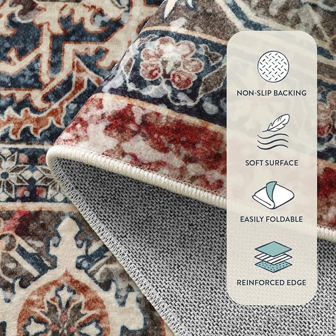 Lahome Oriental Washable Rugs for Living Room, 5x7 Area Rugs for Bedroom Ultra-Thin Non-Slip, Stain Resistant Vintage Low-Pile Throw Carpet for ‎Dining Room Office Eleanor, Brick Red