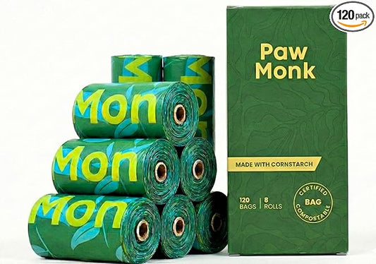 Paw Monk Heavy Duty Dog Poop Bags Rolls Refill – Certified Home Compostable dog waste bags, Extra Thick 20 Micron, Leakproof & Easy Open doggy poop bags, Unscented – 120 Bags (8 Rolls)