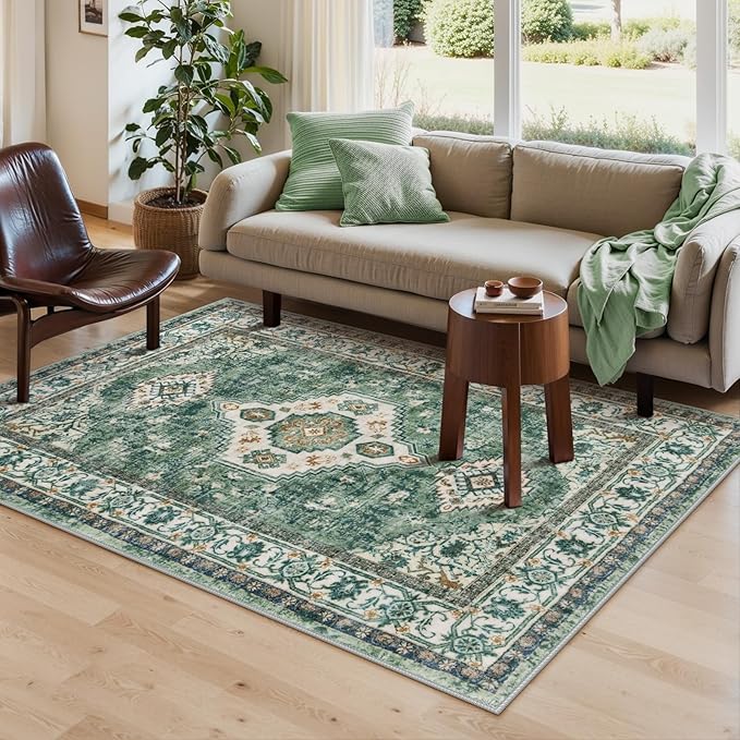 Lahome Oriental Machine Washable Rug, 3x5 Soft Green Rugs for Entryway Dorm, Non Slip Distressed Vintage Throw Carpet for Bedroom Living Room Entrance Eleanor, Green/Multi