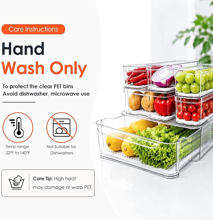 SMRCAD Refrigerator Organizers and Storage, 6 Pack with 1 Pull-Out Drawer and 5 Lidded Bins, Fruit Storage Containers for Fridge with Drain Trays, Helps Keep Produce Fresh