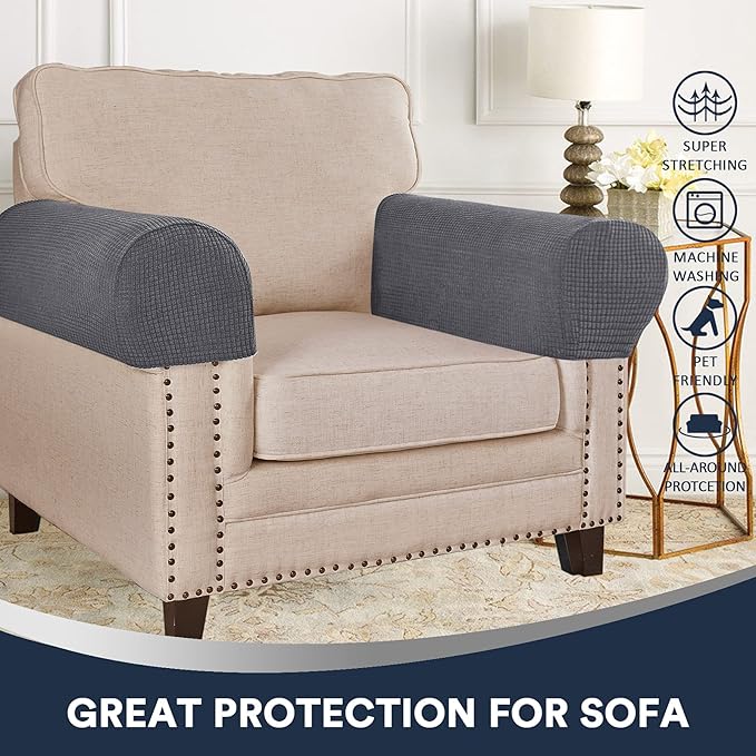 Stretch Sofa Arm Covers Spandex Jacquard Anti-Slip Couch Arm Covers with Sticker Furniture Armrest Protector for Sofa Couch Chair Recliner, Set of 2, Grey