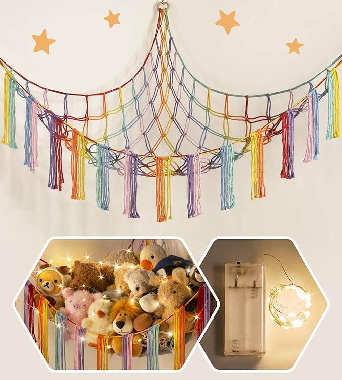 RelaxScene Stuffed Animal Hammock Corner with LED Light - Toy Storage Hammock Plushie Net Large - Cute Stuff Animals Holder Hanging Organizer - Baby Room Rainbow Decor Kids Toddler Nursery Bedroom