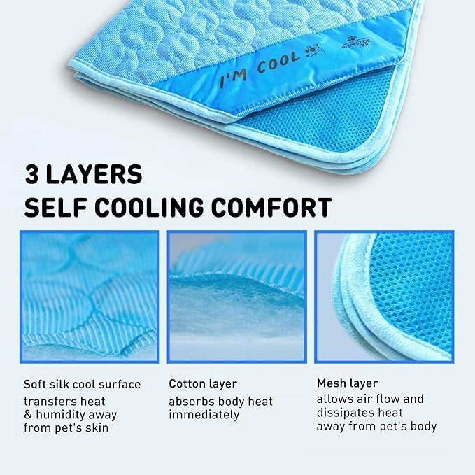 INSPECTOR TAIL Dog Cooling Mat - No Freeze Needed, Self-Cooling Pad for Large Dogs, Washable Portable for Crate Kennel Car Sofa Bed Floor, Indoor Outdoor Summer Use, 39"x27" with Carry Bag
