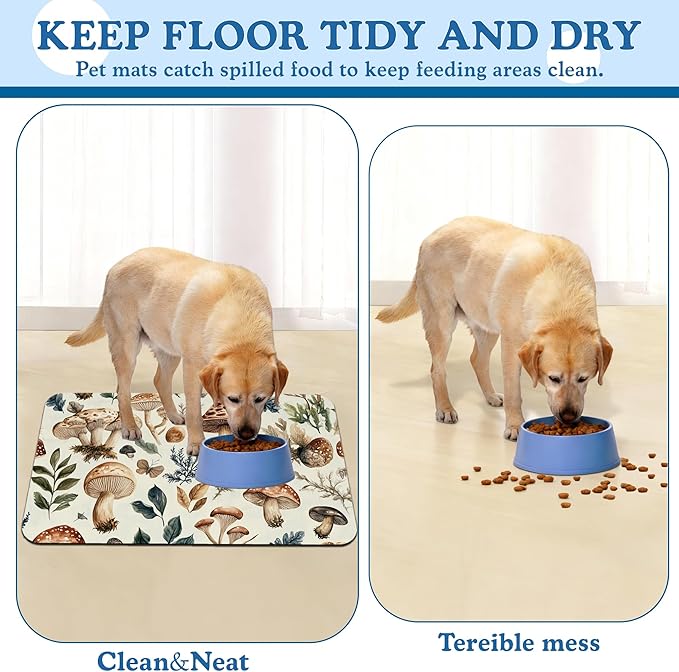 Vintage Mushroom Floral Dog Cat Food Mat–Absorbent Waterproof Placemat for Food and Water Bowls, Non Slip Rubber Backing, Feeding Mat for Clean Floors 12"x20"