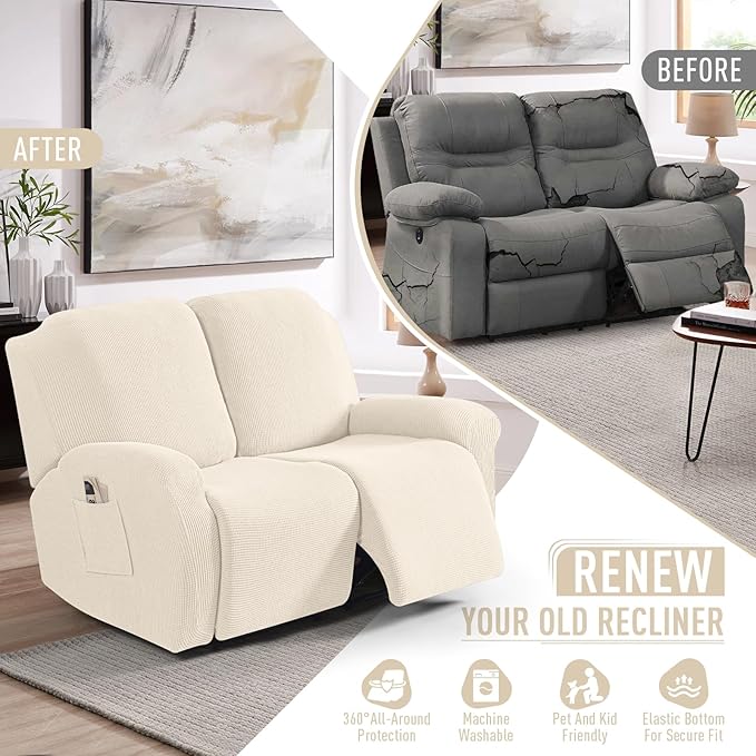 TAOCOCO Recliner Loveseat Slipcover, 6 Pieces Dual Recliner Sofa Covers for 2 Seat Dual Reclining Loveseat Couch, Stretch Soft Jacquard Pattern Furniture Protector with Elasticity (Beige White)