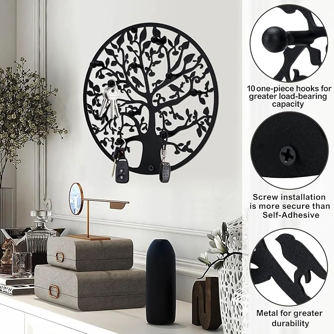 Round Decorative Home Key Holder Wall Mount, 2 Pack Metal Tree Car Key Rack for Wall Organizer for Keys, Wallets, Hats, Used for Decor for House Entryway, Kitchen, Garage, Office (12" Black)