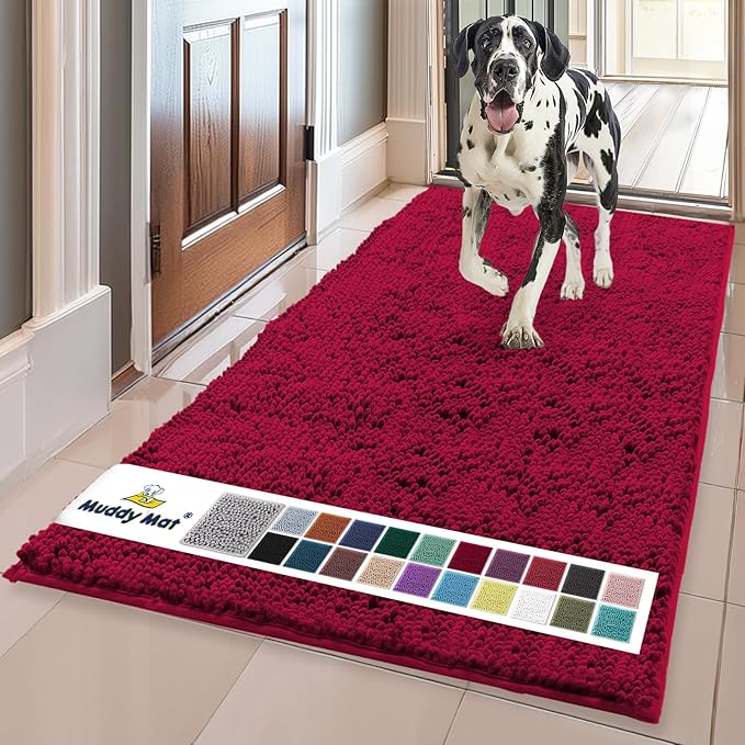 Muddy Mat® | Super Absorbent Door Mat Indoor, Microfiber Quick Dry Chenille Entryway Rug, Non-Slip Front Door Mat, Indoor Mats for Entryway, Machine Washable Pet Rug, Maroon 24" x 120"