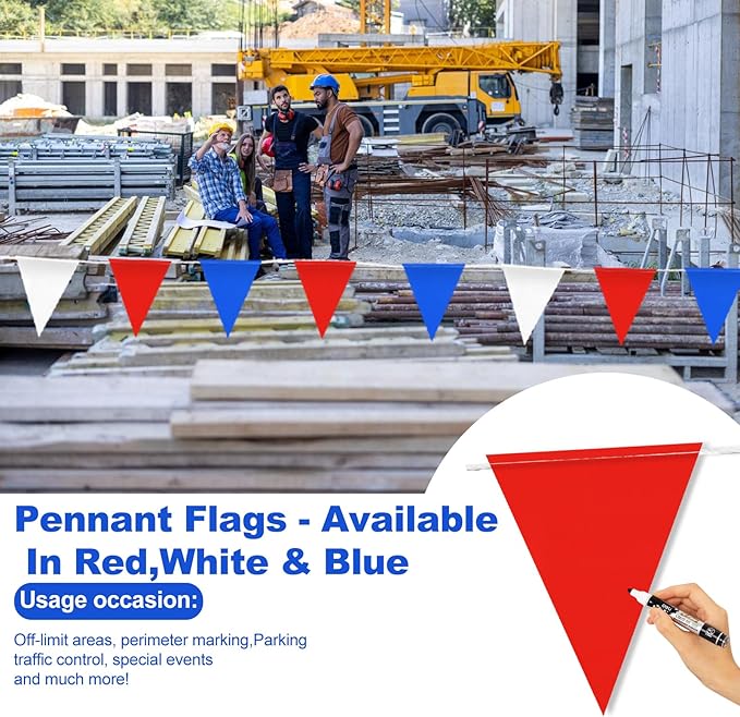 102FT High-Density 60 Pcs Triangle Pennant Banner Flags – Durable Safety & Event Marking Sign for Industrial and Outdoor Use (RED+WHITE+BLUE (102ft,60pcs))