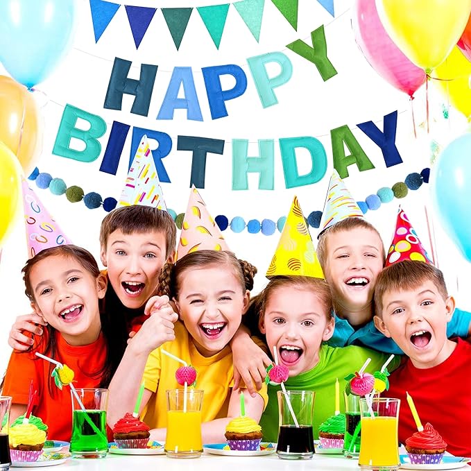CANREVEL Pre-Strung 3D Happy Birthday Banner, 3 PCS Blue Felt Garland, Pom Pom Garland, Triangle Fabric Bunting, Reusable Blue Birthday Decorations for Boys Men