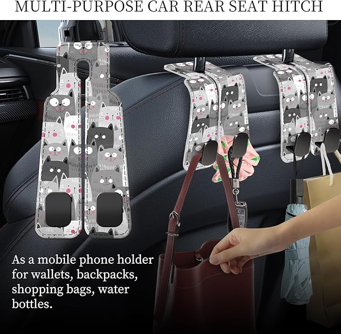PU Leather Car Seat Hook, Storage Headrest Hanger, Cute Car Backseat Organizer, Car Hooks For Purses and Bags Grey Cartoon Cats
