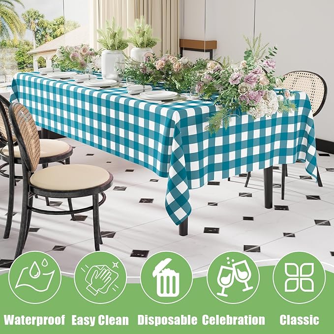 Smiry 20 Packs Gingham Disposable Table Cloth, 54 x 108 Inch Waterproof Plastic Tablecloth, Rectangle Turquoise and White Checkered Table Covers for Picnic, Birthday, Party