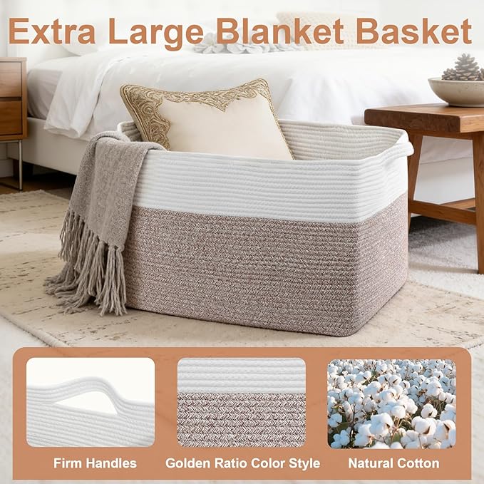 105L XXXL Large Blanket Basket, Rectangular Cotton Rope Basket, Laundry Hamper for Blankets, Pillows, Extra Large Toys Storage Bins for Kids, Dogs 25" x 16" x 16", White & Brown