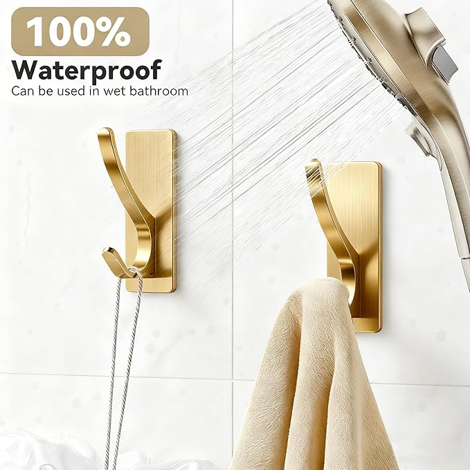 pickpiff Self Adhesive Coat Hooks for Hanging: Heavy Duty Stainless Wall Hook for Towel, Utensil, Backpack, Hat, Sturdy Metal Hanger for Bathroom, Kitchen, Door, 4-Pack, Brushed Gold