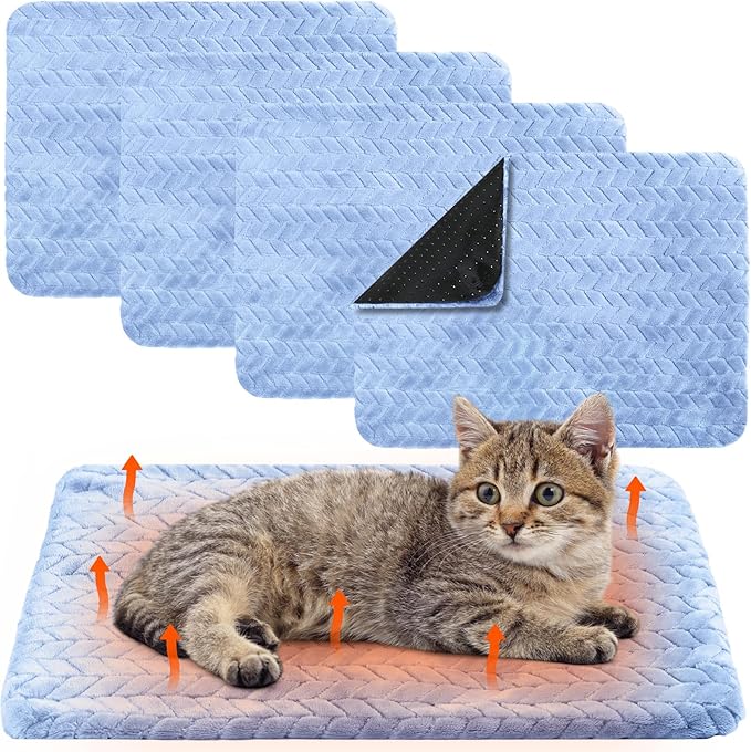 Drydiet 4 Pack Self Heating Cat Pad Self Warming Cat Bed Non Slip Warm Thermal Dog Pad Mat Washable Pet Kennel Crate Bed Mat for Pets Indoor Outdoor (Blue,16 x 20 Inch)