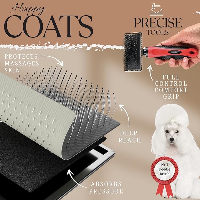 Bixy Pixy Mini Brush for Dogs and Cats - Coated Tips Massage Skin - Long Pins Remove Mats, Tangles in Long and Poodle Fur