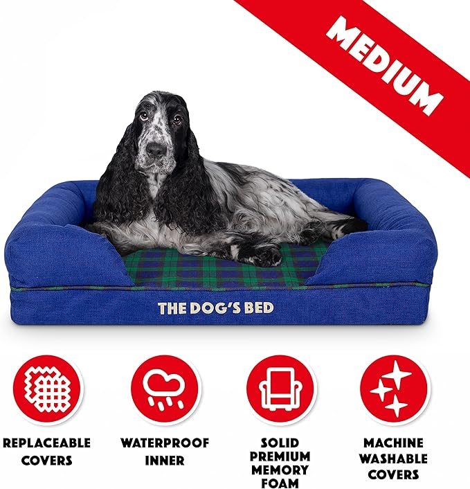 The Dog’s Bed, Med Black Watch Tartan, Memory Foam, Pain Relief: Arthritis, Hip & Elbow Dysplasia, Post Surgery, Lameness, Supportive, Calming, Waterproof Washable Cover