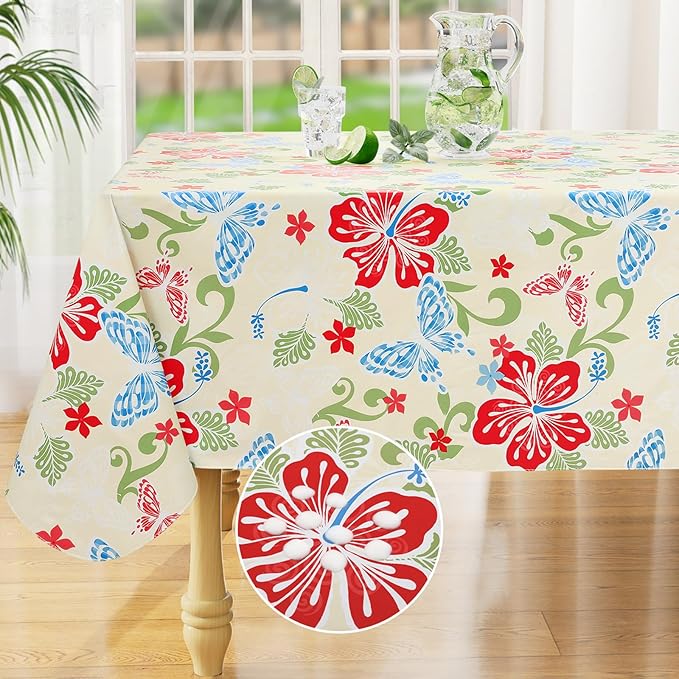misaya Rectangle Waterproof Vinyl Table Cloth, Wipeable Tablecloth with Flannel Backing, Plastic Table Cover for Dinner, Picnic, Indoor and Outdoor (Butterfly, 54" x 78")