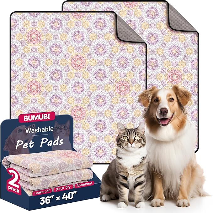 Washable Dog Pee Pads, 36"x40" Reusable Absorbent Dog Pads, Washable, Waterproof & Non-Slip Puppy Pads for Potty Training, Crate, Playpen, Whelping, Mandala Floral Pattern (Pack of 2)