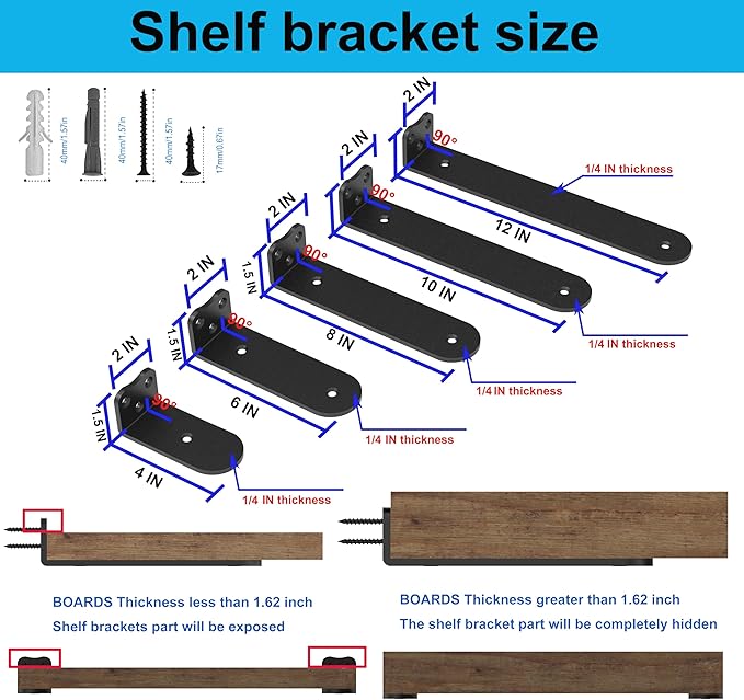 Floating Shelf Bracket, 8 Inch (1/4 In Thick) Black Shelf Bracket,4 Pack Hidden Shelf Brackets,L Brackets For Shelves,Suitable for Kitchen, Study And Various DIY Occasions，Holds Over 200lb+(8IN Black)