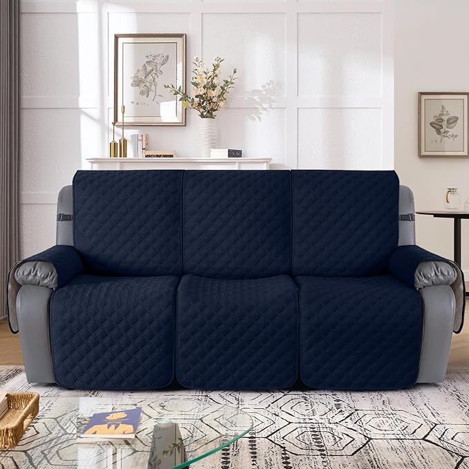 TAOCOCO 100% Waterproof Recliner Couch Covers, Recliner Sofa Covers with Leg Straps, 1-Piece Washable Reclining Sofa Cover with Pocket Couch Protector for Pets Kids(3 Seater, Dark Blue)