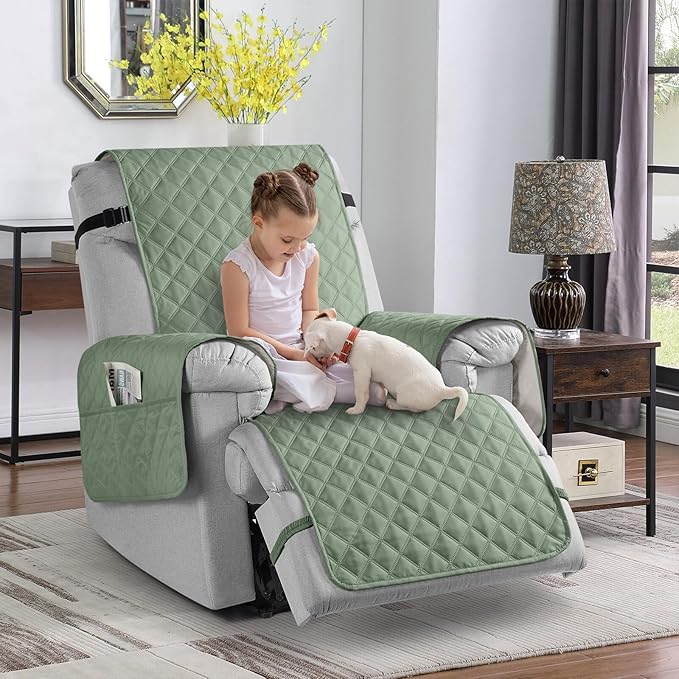 TAOCOCO 100% Waterproof Recliner Chair Cover Non-Slip Reclining Cover for Recliner Chair Washable Chair Seat Cover with Elastic Straps for Pets Sofa Slipcover with Pocket (Small 23'', Sage Green)