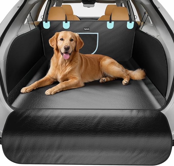 SUV Cargo Liner for Dogs with PU Leather, Waterproof Pet Trunk Cover with Taller Side Panels, Dog Seat Mat for SUVs Vans with Bumper Flap Protector, Non-Slip, Large Size Universal Fit, Black