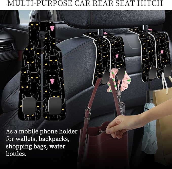 PU Leather Car Seat Hook, Storage Headrest Hanger, Cute Car Backseat Organizer, Car Hooks for Purses and Bags Black Cats