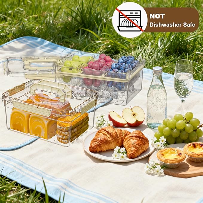 Bread Box with Ice Chilled Condiment Caddy, Portable Airtight Storage Container with Lid Handle for Kitchen Counter, Keeper for Homemade Bread, Toast, Bagel, Cookies, Beige