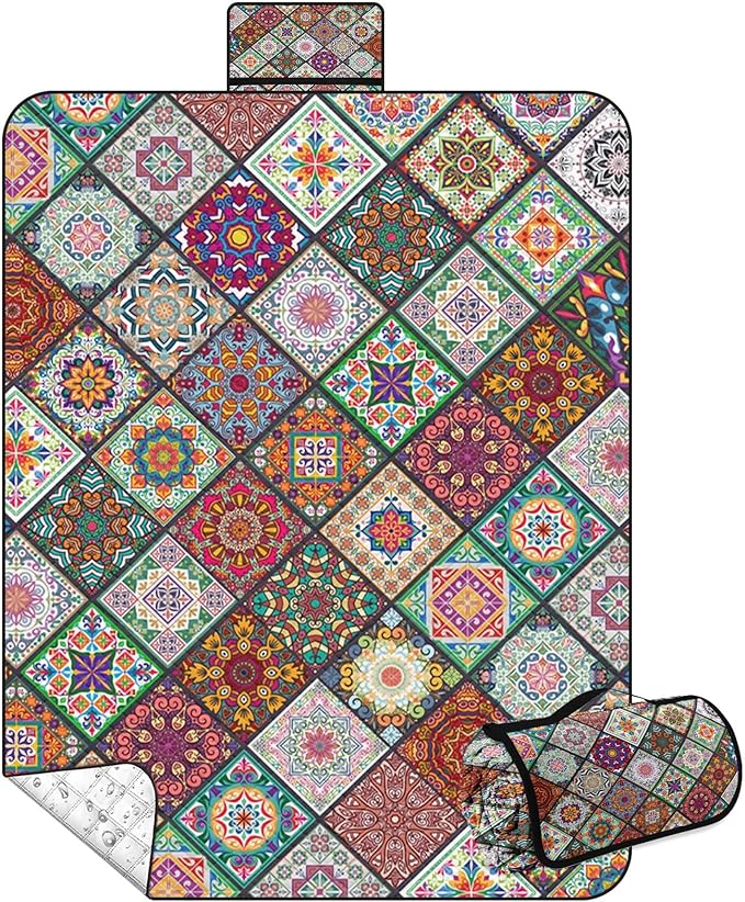 Waterproof Picnic Outdoor Blanket, 79" x 59" Sandproof Foldable Large Picnic Blanket for Beach, Camping, Park, Travel, Concert, Great Gift for Families and Couples (Bohemian Color)