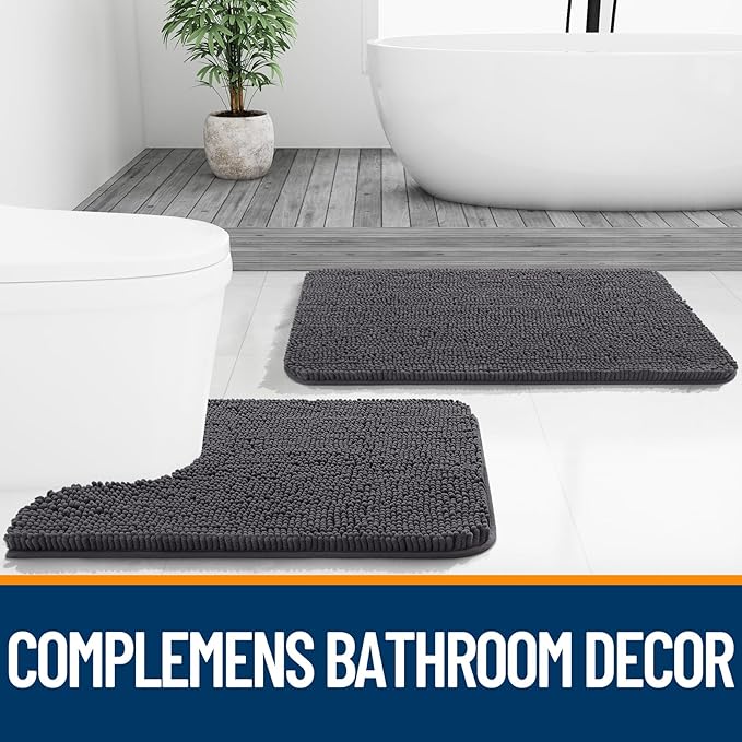 OLANLY Bathroom Rugs 32x20, Extra Soft Absorbent Chenille Bath Rugs, Rubber Backing Quick Dry, Machine Washable Bath Mats for Bathroom Floor, Tub and Shower, Home Decor Accessories, Dark Grey
