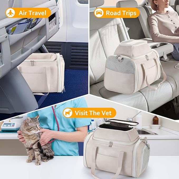 Bosnanller Premium Leather Top Expandable Pet Carrier for Small Dogs & Cats Under 15 lbs, Airline Approved Collapsible Soft-Sided Luxury Travel Bag Beige
