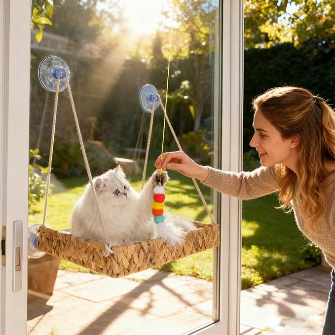 Cakhdry Cat Window Perch with Industrial-Grade Suction Cups and Ball Toy, Cat Window Hammock - 45 lbs Capacity, Handwoven Straw Sturdy Hanging Bed Seat Soft Cushion for Large Heavy Cats