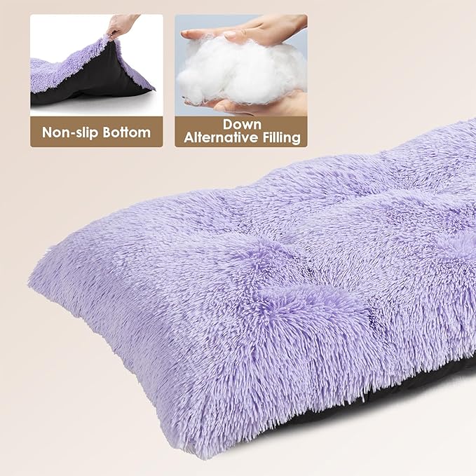EHEYCIGA Fluffy Dog Crate Bed for Large Dogs, Plush Faux Fur Crate Pad, Calming Anti Anxiety Large Dog Bed, Washable Soft Warm Mat with Non-Slip Bottom, Purple