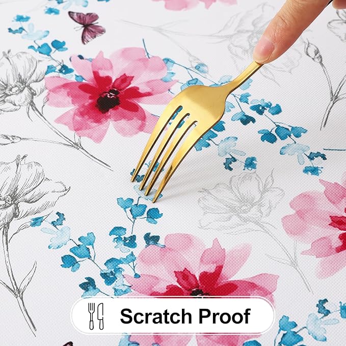misaya Rectangle Waterproof Vinyl Table Cloth, Wipeable Tablecloth with Flannel Backing, Plastic Table Cover for Dinner, Picnic, Indoor and Outdoor (Sketched Flower, 60" x 84")