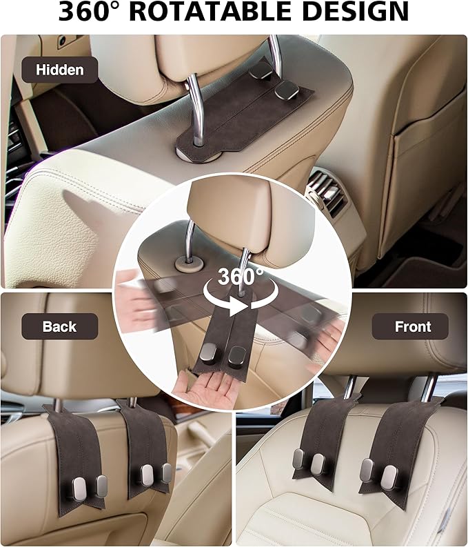 Purse Hook for Car, 4 Pack Headrest Hooks for Car 100% Metal & Premium Leather 2025 Latest, Auto Hanger & Holder for heatrest,seat,Bag,Purse (Brown)