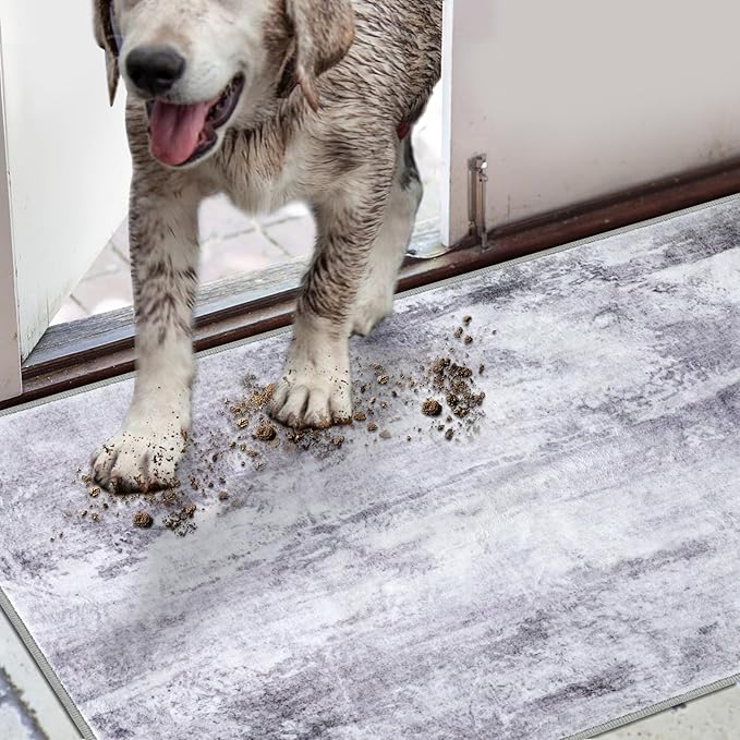 COMSLE Door Mat, Front Door Mat Indoor for Entrance Faux Wool Absorbent Non Slip Modern Throw Rug for Entryway Hallway Muddy Paws - Pet Friendly, 20x32 Inches,Modern Gray Machine Washable