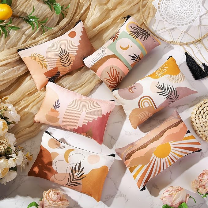 Reginary 20 Pieces Boho Cosmetic Bags Bulk for Women Sunshine Ray Makeup Bags Gifts with Zipper Nature Toiletry Bag Pouch Palm Leaf Travel Accessory Organizer Pouch, 7 x 4.3 Inches