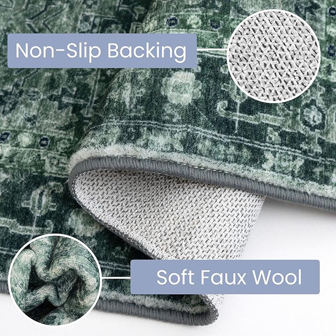 KOZYFLY Runners for Hallways 2x7 Ft Washable Kitchen Runner Rug Boho Runner Rug for Entryway Indoor Printed Faux Wool Long Floor Carpet Runner for Bedroom Laundry Kitchen Hallway, Dark Green