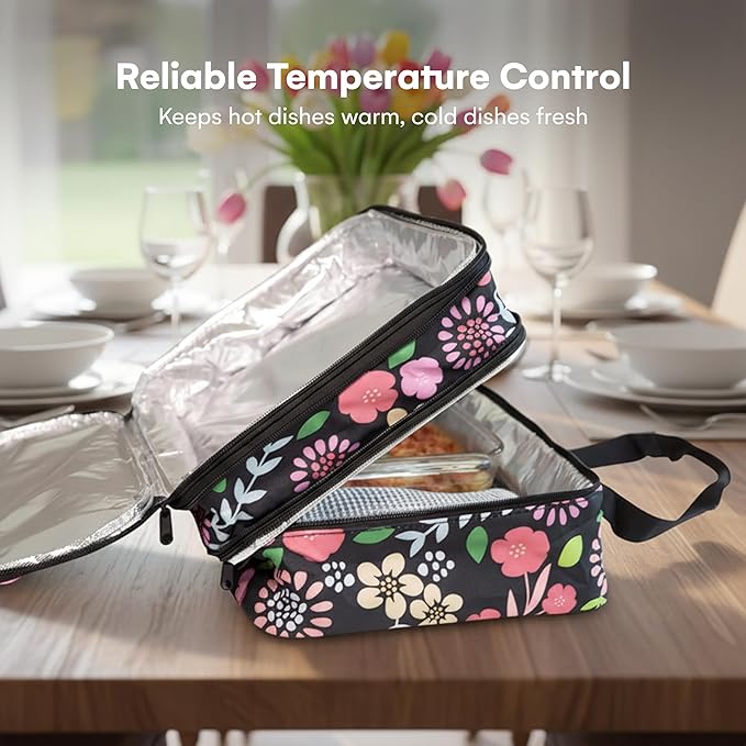 VP Home Insulated Casserole Carrier - 16"x11"x8" Food Carrier with Expandable Compartments, 2-Tier Travel Insulated Bag for Hot or Cold Dishes - Lunch Holder for Picnics, Potluck - Garden Party Design