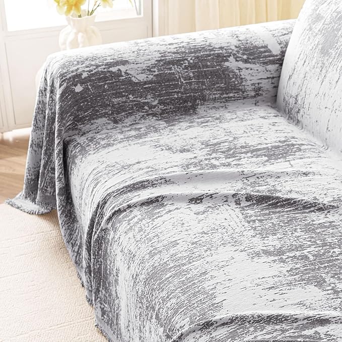 hyha Couch Cover for Dogs, Boho Sofa Covers for 3 Cushion Couch Washable, Chenille Sofa Slipcover for Pets, Soft Loveseat Sectional Couch Throw Blankets with Tassels (Dark Grey/White, 71x150 Inch)