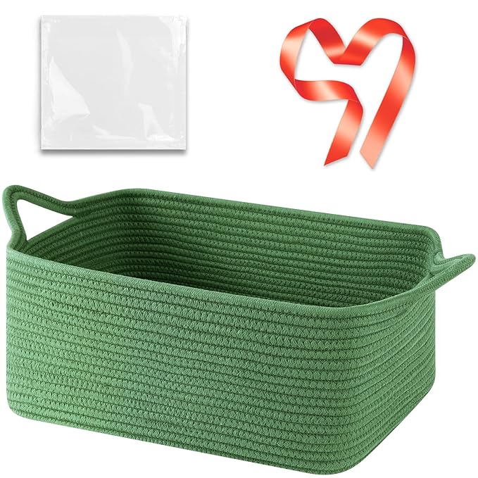 Large Empty Gift Baskets for Baby Shower, 16.5"L x 12.6"W x 7"H Cute Woven Storage Basket with Gift Bags and Ribbons, Small Rope Toy Basket with Handles, Cat Dog Pet Toy Organizer - Green