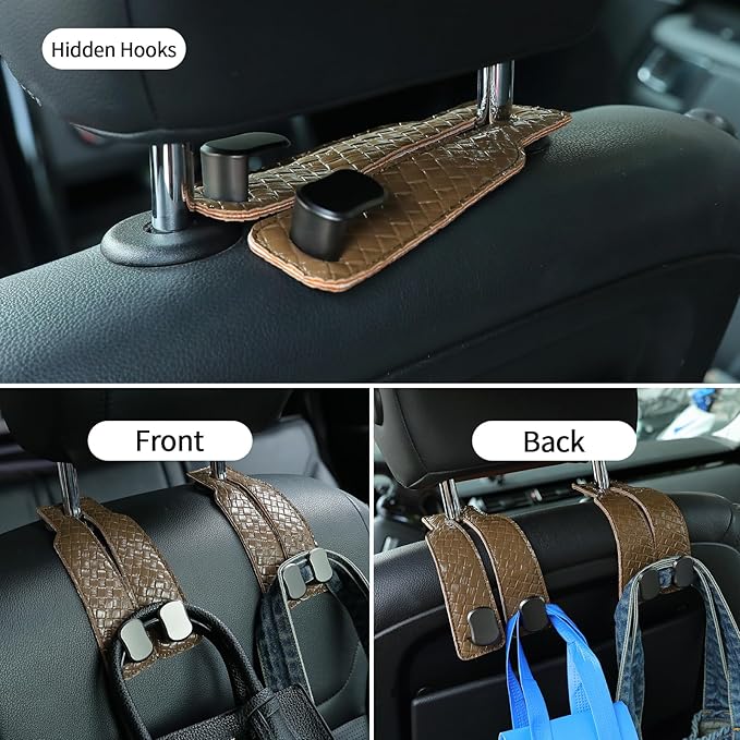 KINIVA 4 Pack Car Seat Hooks for Headrest, PU Leather Purse Hook Holder - Double Hook Design for Bags, Phones, Groceries, Car Back Seat Storage Accessories (07-Khaki 4 Pcs)