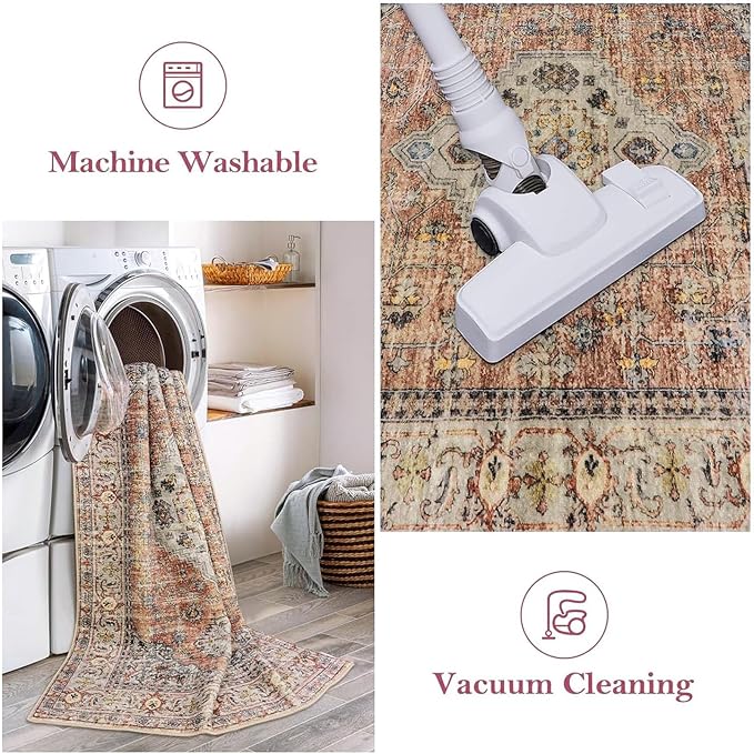 Lahome Oriental Washable Runner Rug Non Slip, 2x7 Rug Runners for Hallways Non Slip Vintage Ultra-Thin Soft Long Carpet for Kitchen Laundry Room Bedroom Eleanor, Peach/Orange