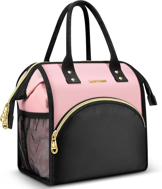 Lunch Bag Women Insulated Lunch Box Wide-Open Lunch Tote Bag Large Drinks Holder Durable Nylon Thermal Snacks Organizer for Men Adults Work Picnic Hiking Beach Fishing, Pink + Black