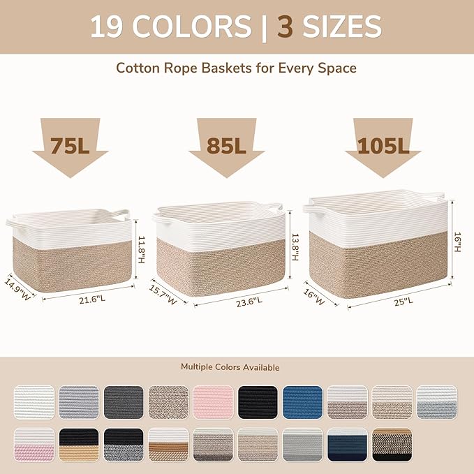 Goodpick Large Woven Blanket Basket 21.6" x 14.9" x 11.8" Storage Baskets for Organizing, Baby Laundry Hamper for Nursery Bedroom, Soft Toy Storage Baskets for Kids Girls, White & Pink