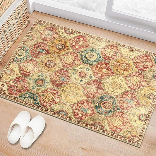 Lahome Moroccan Trellis Washable Rug, 2x3 Bathroom Rugs for Kitchen Entryway, Non-Slip Indoor Door Mat Ultra-Thin, Small Oriental Throw Carpet for Bedroom Entry Elise, Red/Orange